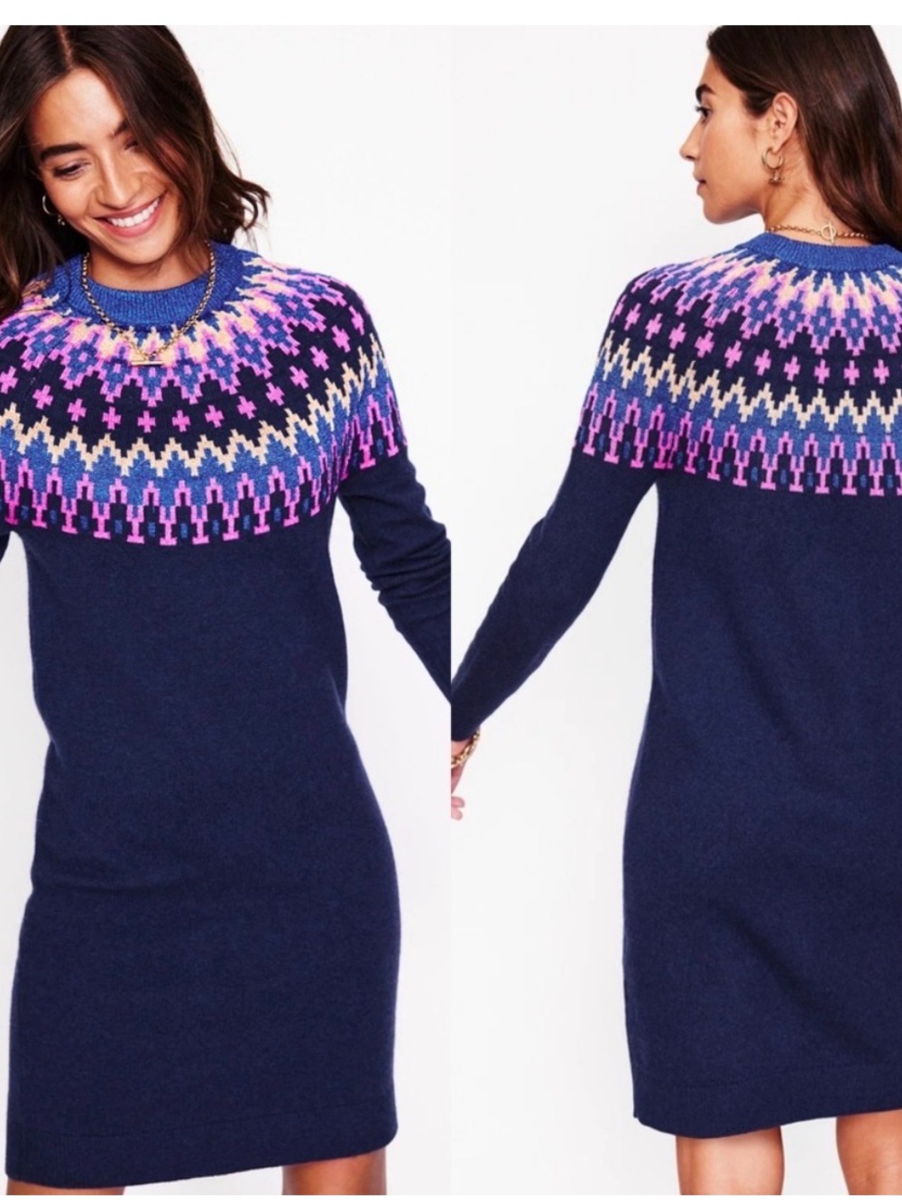 Boden Navy, Pink, Gold Eleanor Fair Isle Knit Long Sleeve Sweater Dress